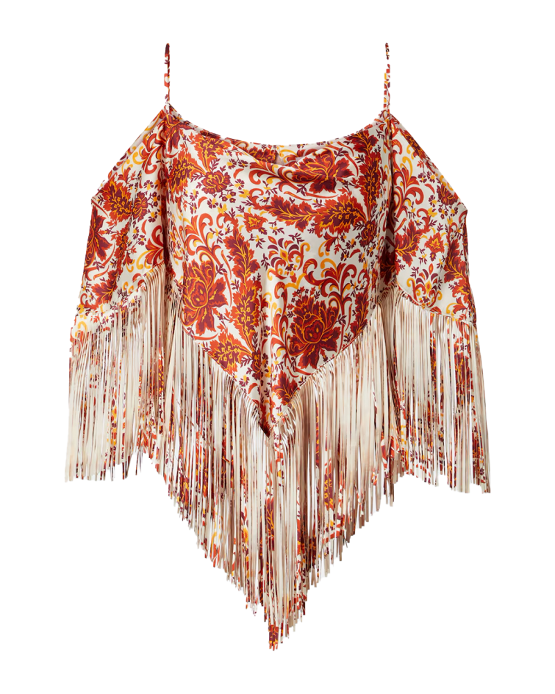 Top jacquard à franges rouge