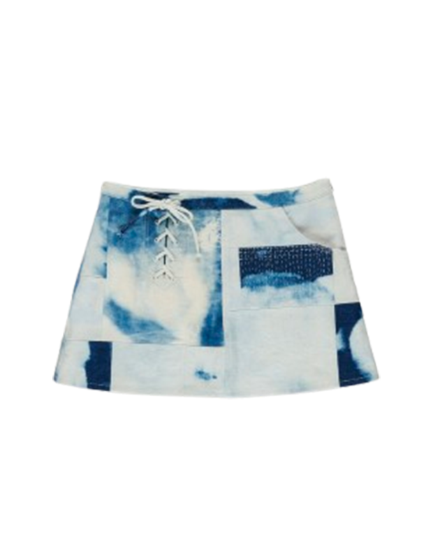 Jupe Mini Thelma en patchwork denim bleu Jupe Mini Thelma en patchwork denim bleu