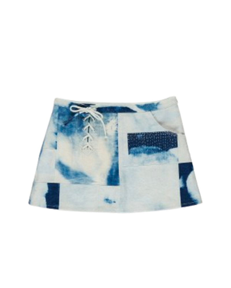 Jupe Mini Thelma en patchwork denim bleu Jupe Mini Thelma en patchwork denim bleu