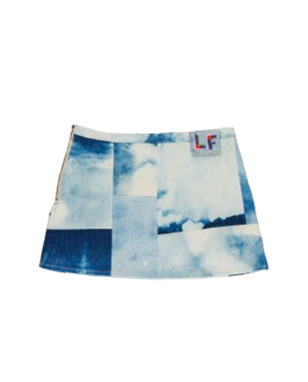 Jupe Mini Thelma en patchwork denim bleu Jupe Mini Thelma en patchwork denim bleu