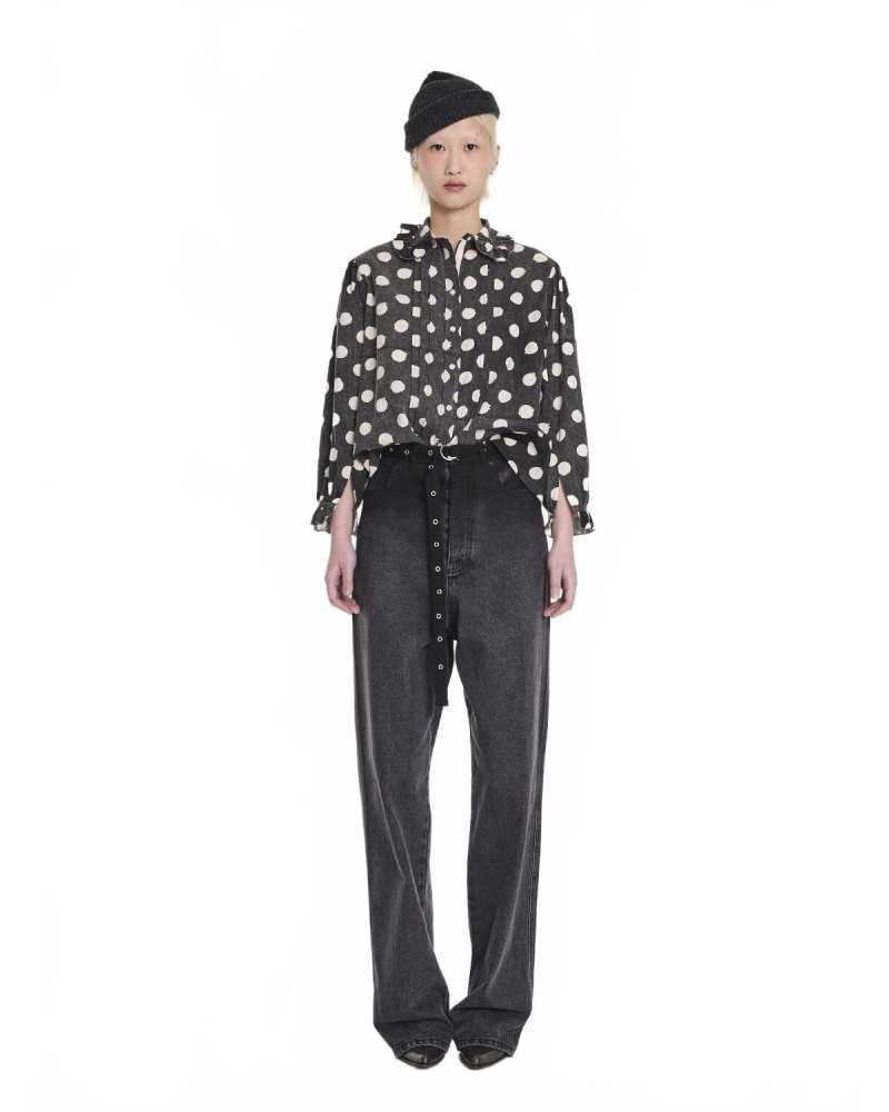 Irregular Spot Printed Cotton Blouse - La Fetiche - Washed Black / White