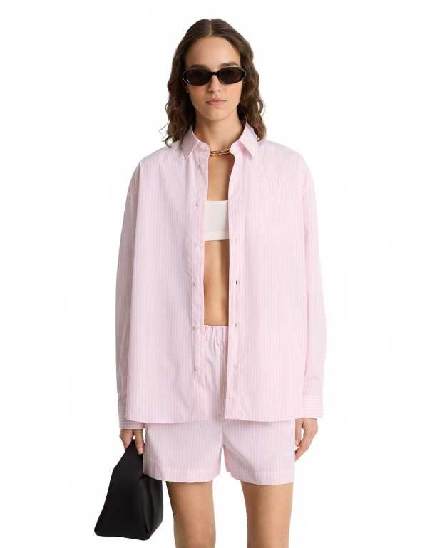 Eden Script Oversized Shirt - Sporty And Rich - Pink / White Thin Stripe Eden Script Oversized Shirt - Sporty And Rich - Pink / White Thin Stripe