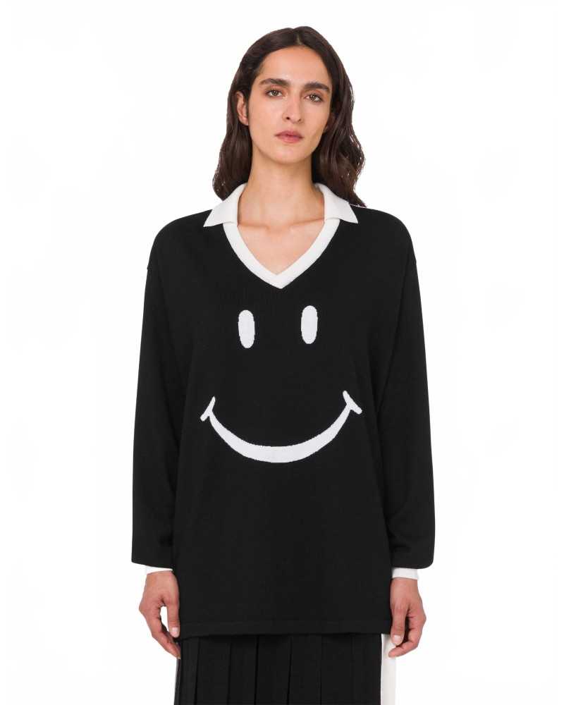 Knitted Merino Polo Smiley - Moschino - Black Knitted Merino Polo Smiley - Moschino - Black