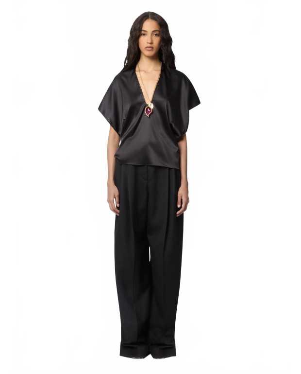 V-neck Top With Fine Straps In Silk Satin - Nina Ricci - Black V-neck Top With Fine Straps In Silk Satin - Nina Ricci - Black