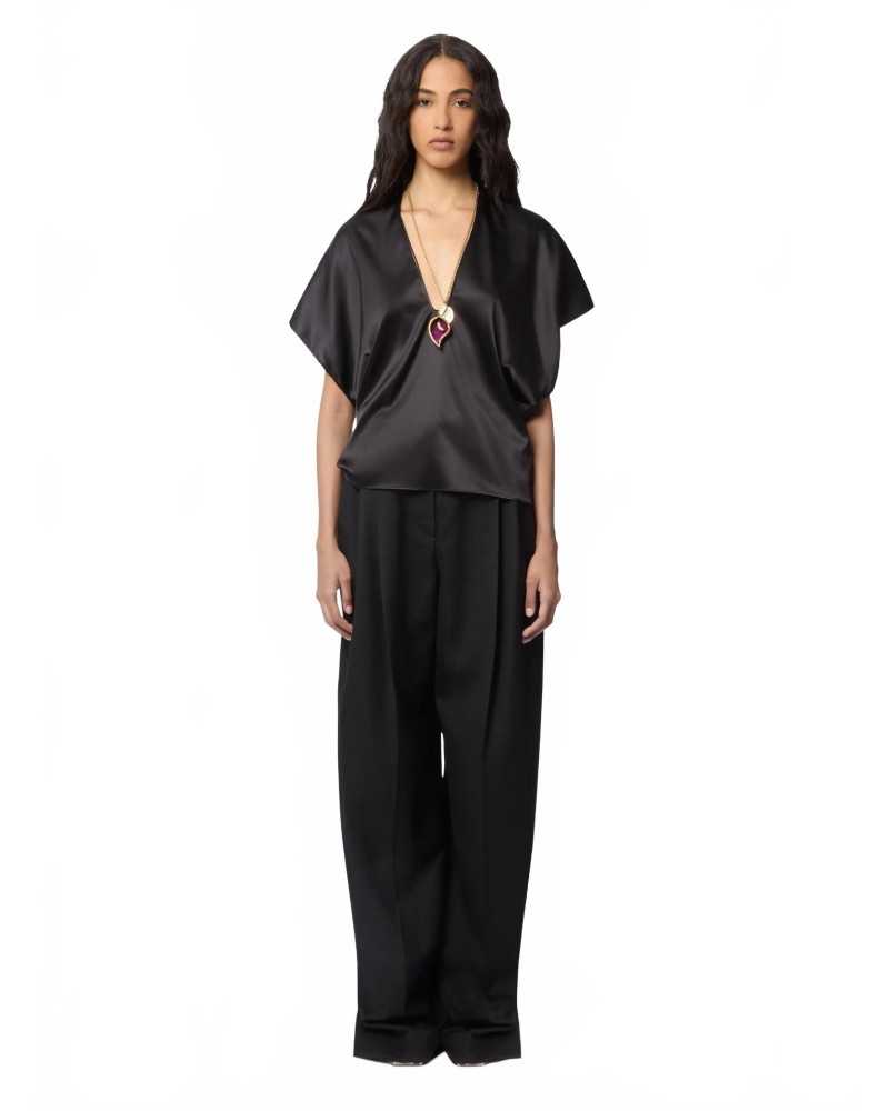 V-neck Top With Fine Straps In Silk Satin - Nina Ricci - Noir