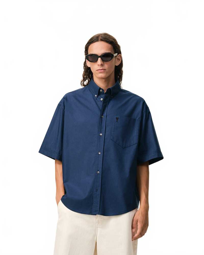 Boxy Shirt Short Sleeve Button Down Collar And Embroidered Heart Friend - Ami - Ink Boxy Shirt Short Sleeve Button Down Collar And Embroidered Heart Friend - Ami - Ink