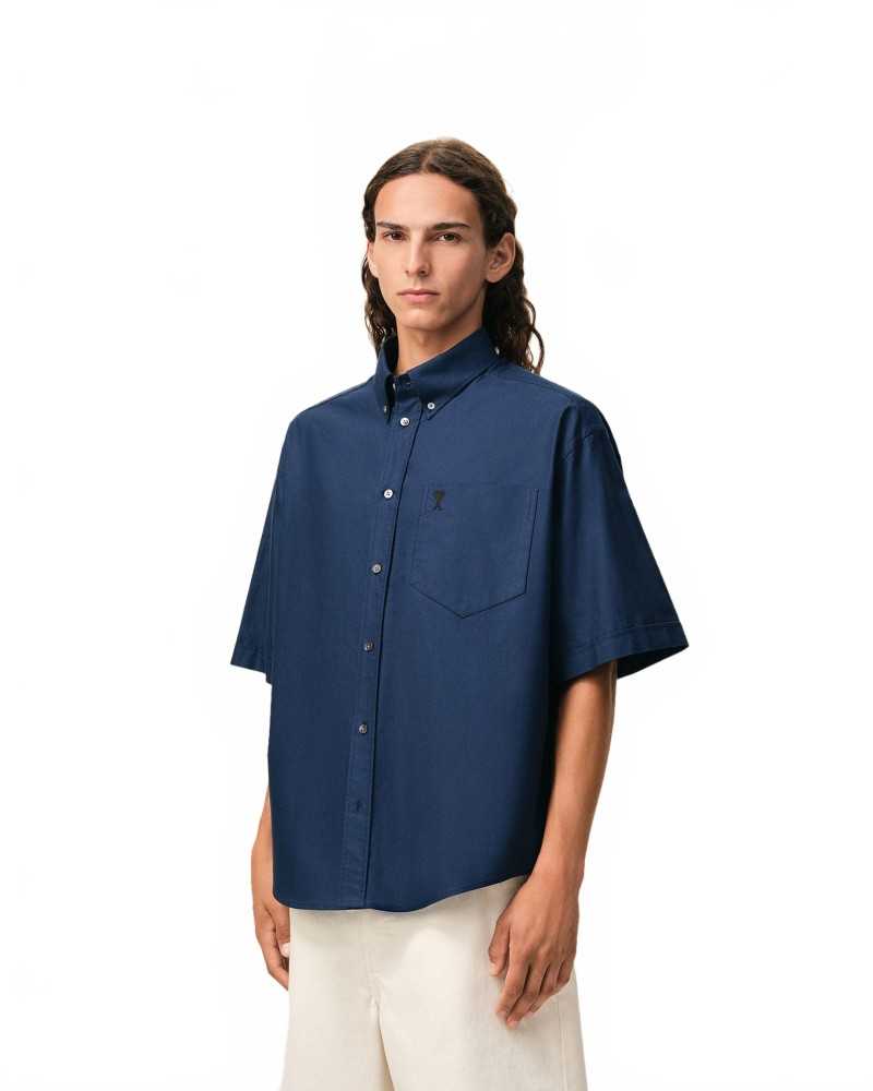 Boxy Shirt Short Sleeve Button Down Collar And Embroidered Heart Friend - Ami - Ink Boxy Shirt Short Sleeve Button Down Collar And Embroidered Heart Friend - Ami - Ink