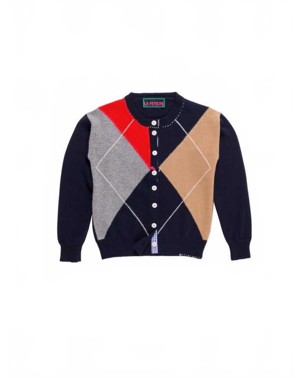 Crew Neck Argyle Cardigan - La Fetiche - Navy / Camel / Grey / Red / Neon Pink