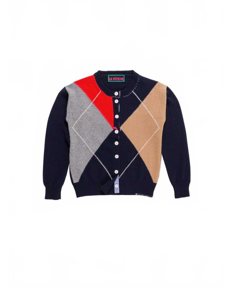 Crew Neck Argyle Cardigan - La Fetiche - Navy / Camel / Grey / Red / Neon Pink Crew Neck Argyle Cardigan - La Fetiche - Navy / Camel / Grey / Red / Neon Pink