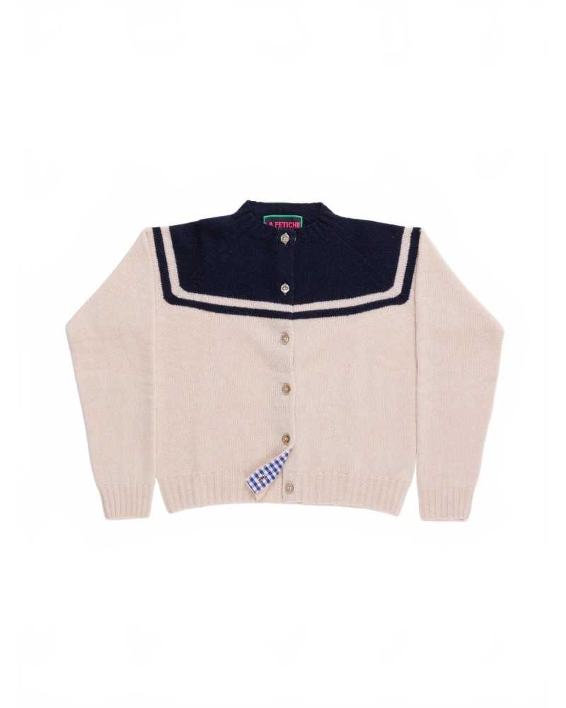 Crew Neck Cardigan - La Fetiche - Ecru / Navy Crew Neck Cardigan - La Fetiche - Ecru / Navy