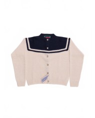 Crew Neck Cardigan - La Fetiche - Ecru / Navy Crew Neck Cardigan - La Fetiche - Ecru / Navy