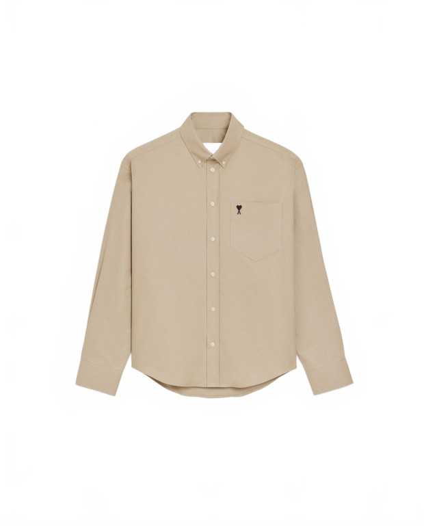 Boxy Long Sleeve Button Down Shirt With Embroidered Heart - Ami - Beige / Taupe
