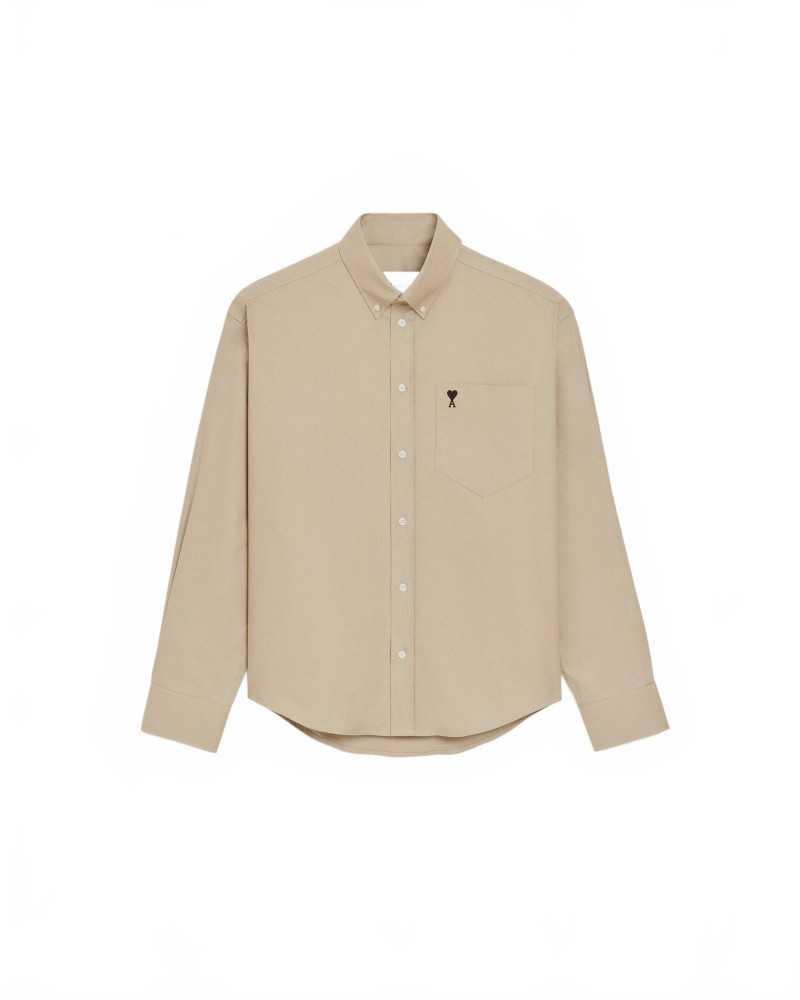 Boxy Long Sleeve Button Down Shirt With Embroidered Heart - Ami - Beige / Taupe