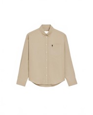 Boxy Long Sleeve Button Down Shirt With Embroidered Heart - Ami - Beige / Taupe
