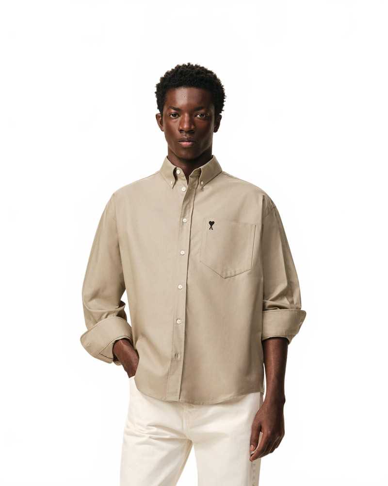 Boxy Long Sleeve Button Down Shirt With Embroidered Heart - Ami - Beige / Taupe