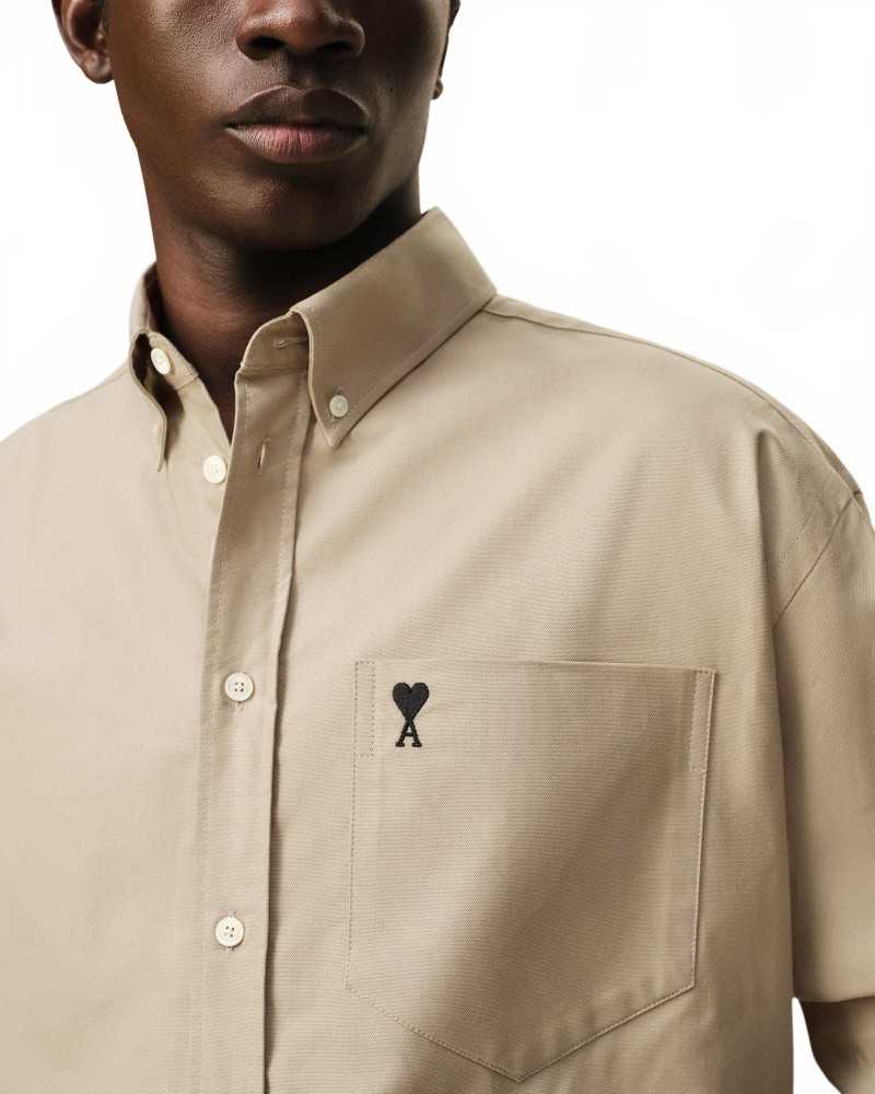 Boxy Long Sleeve Button Down Shirt With Embroidered Heart - Ami - Beige / Taupe