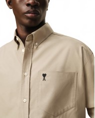 Boxy Long Sleeve Button Down Shirt With Embroidered Heart - Ami - Beige / Taupe