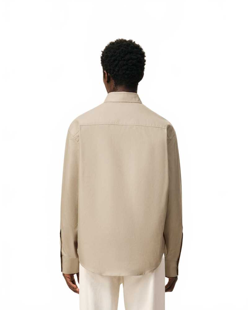 Boxy Long Sleeve Button Down Shirt With Embroidered Heart - Ami - Beige / Taupe