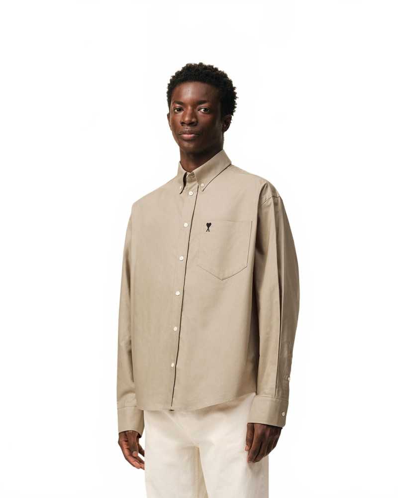 Boxy Long Sleeve Button Down Shirt With Embroidered Heart - Ami - Beige / Taupe