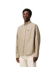 Boxy Long Sleeve Button Down Shirt With Embroidered Heart - Ami - Beige / Taupe