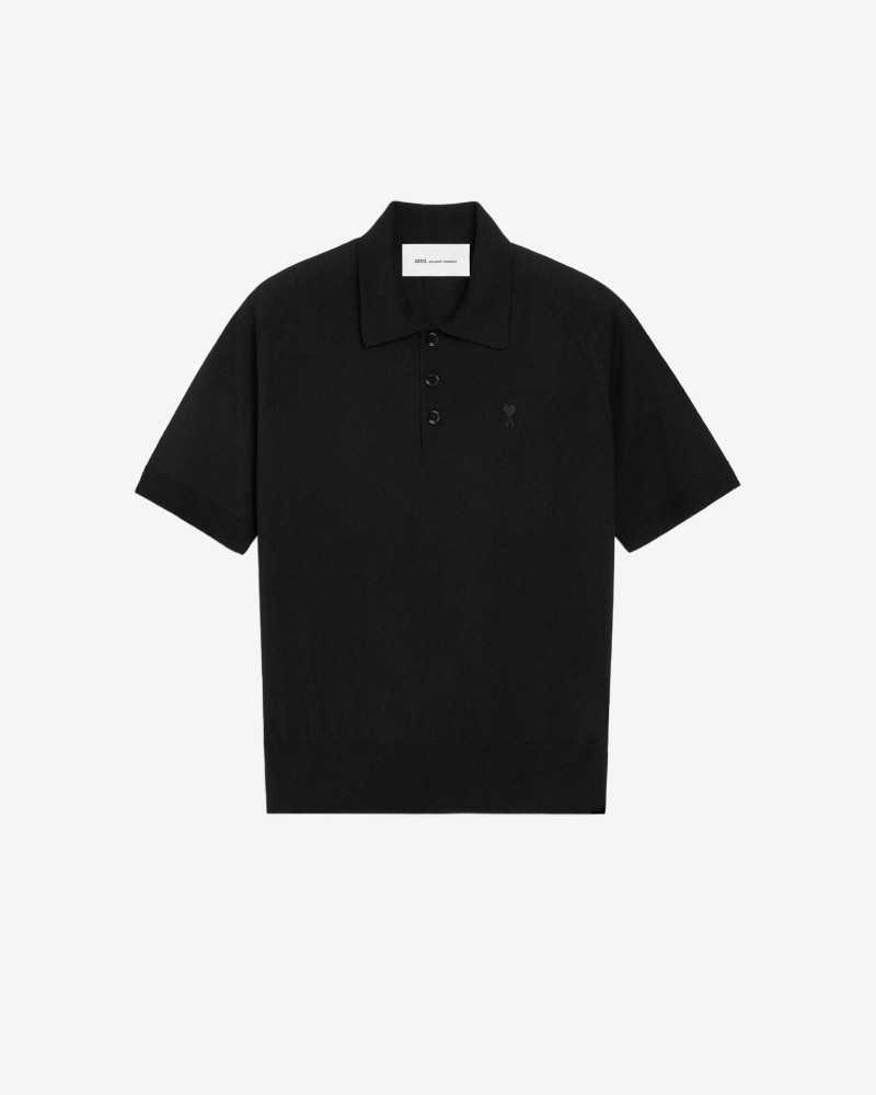 Polo Short Sleeve With Contrast Heart Friend - Ami - Black / Black Polo Short Sleeve With Contrast Heart Friend - Ami - Black / Black