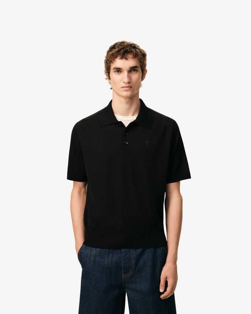 Polo Short Sleeve With Contrast Heart Friend - Ami - Black / Black Polo Short Sleeve With Contrast Heart Friend - Ami - Black / Black