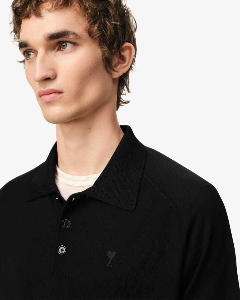 Polo Short Sleeve With Contrast Heart Friend - Ami - Black / Black Polo Short Sleeve With Contrast Heart Friend - Ami - Black / Black