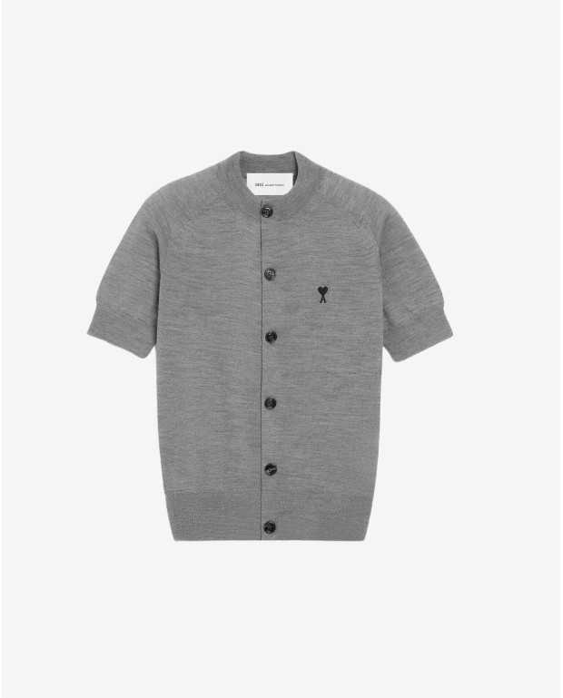 Short Sleeve Crew Neck Cardigan - Ami - China Grey / Black