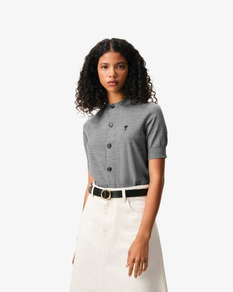 Short Sleeve Crew Neck Cardigan - Ami - China Grey / Black
