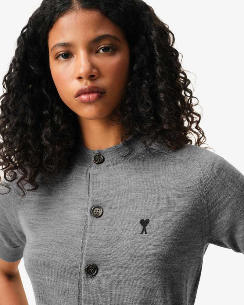 Short Sleeve Crew Neck Cardigan - Ami - China Grey / Black