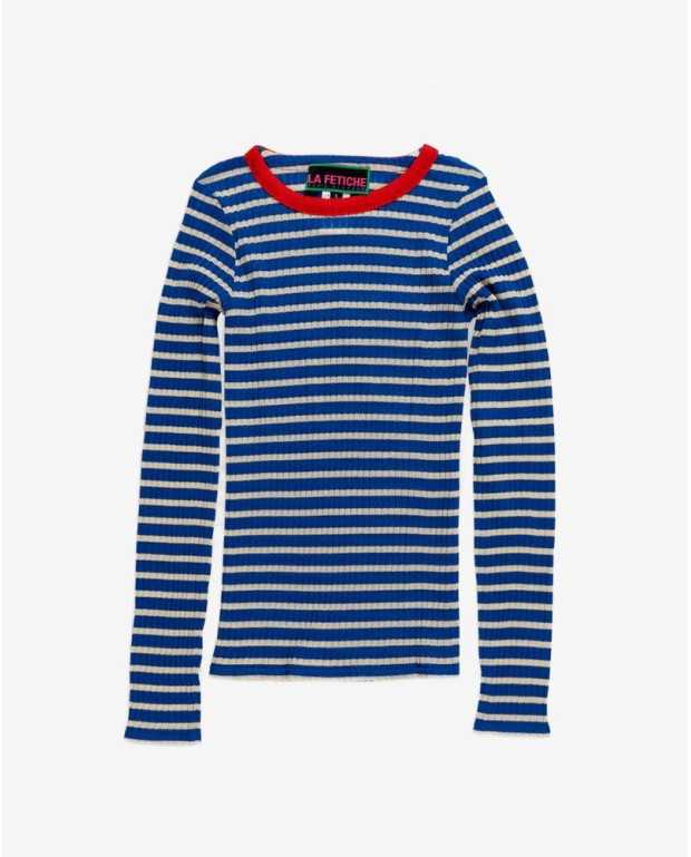 Striped Fine Weight Ribbed Top - La Fetiche - Blue / Ecru / Red