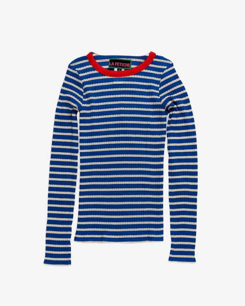 Striped Fine Weight Ribbed Top - La Fetiche - Blue / Ecru / Red Striped Fine Weight Ribbed Top - La Fetiche - Blue / Ecru / Red