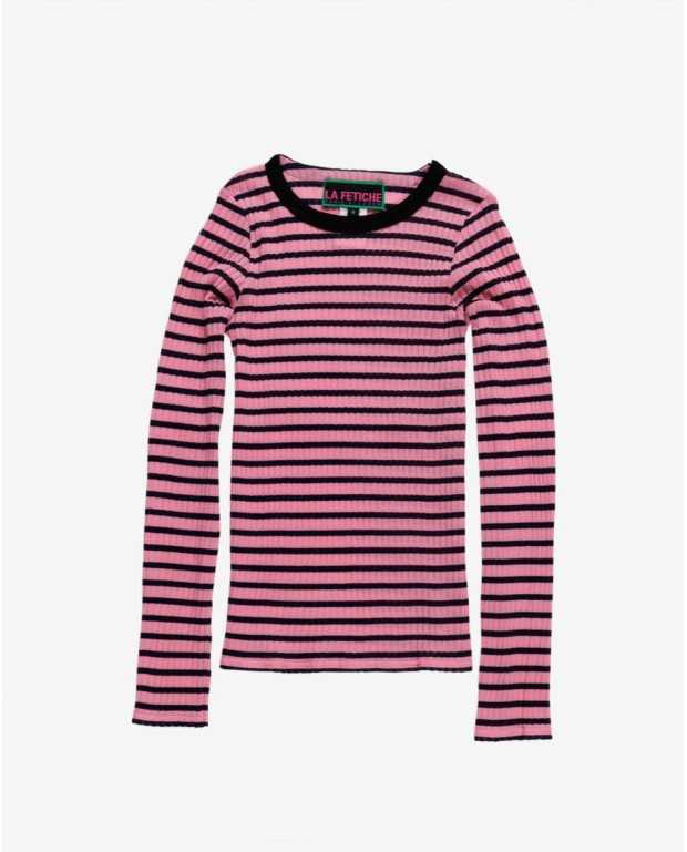 Striped Fine Weight Ribbed Top - La Fetiche - Light Pink / Navy / Black