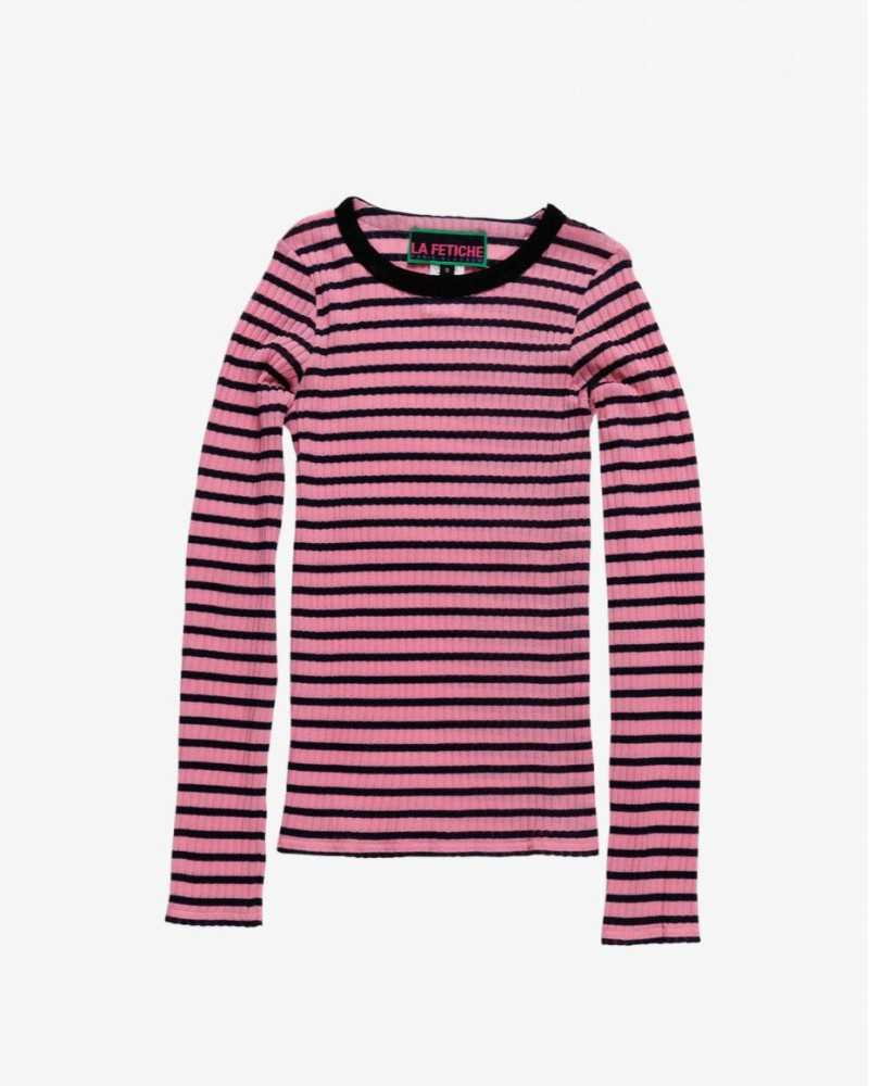 Striped Fine Weight Ribbed Top - La Fetiche - Light Pink / Navy / Black