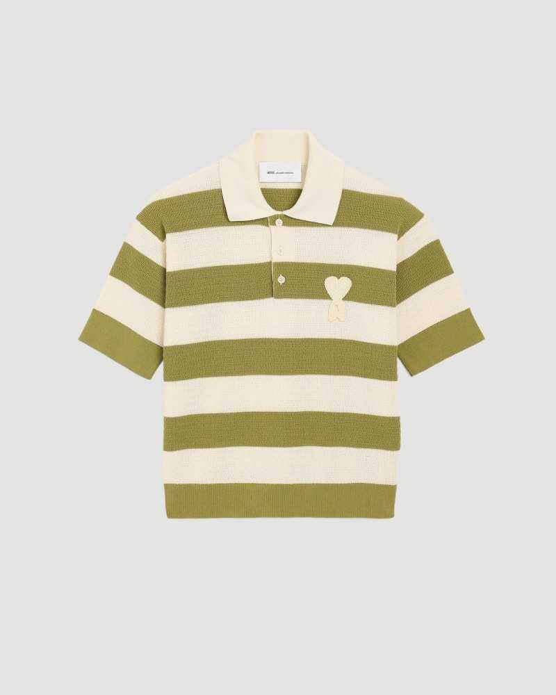 Ami De Coeur Maille Rayée Short Sleeve Polo Shirt With Patch - Ami - Blanc Crème / Matcha Ami De Coeur Maille Rayée Short Sleeve Polo Shirt With Patch - Ami - Blanc Crème / Matcha