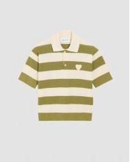 Ami De Coeur Maille Rayée Short Sleeve Polo Shirt With Patch - Ami - Blanc Crème / Matcha Ami De Coeur Maille Rayée Short Sleeve Polo Shirt With Patch - Ami - Blanc Crème / Matcha
