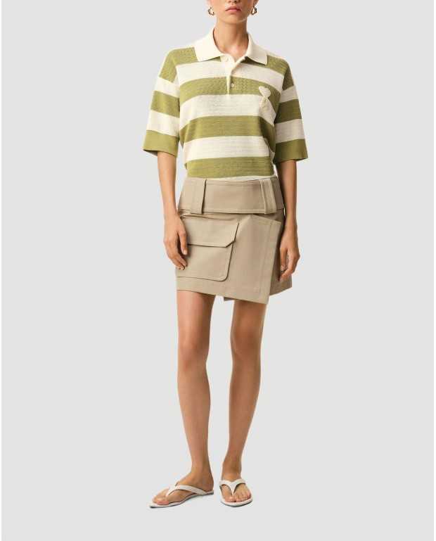 Ami De Coeur Maille Rayée Short Sleeve Polo Shirt With Patch - Ami - Blanc Crème / Matcha