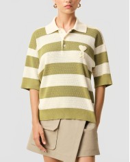 Polo Manches Courtes Avec Patch Ami De Coeur Maille Rayée - Ami - Blanc Crème / Matcha