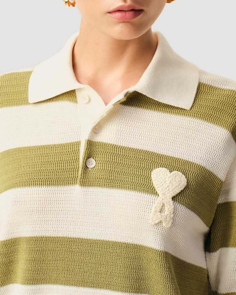 Ami De Coeur Maille Rayée Short Sleeve Polo Shirt With Patch - Ami - Blanc Crème / Matcha Ami De Coeur Maille Rayée Short Sleeve Polo Shirt With Patch - Ami - Blanc Crème / Matcha