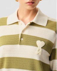 Ami De Coeur Maille Rayée Short Sleeve Polo Shirt With Patch - Ami - Blanc Crème / Matcha Ami De Coeur Maille Rayée Short Sleeve Polo Shirt With Patch - Ami - Blanc Crème / Matcha