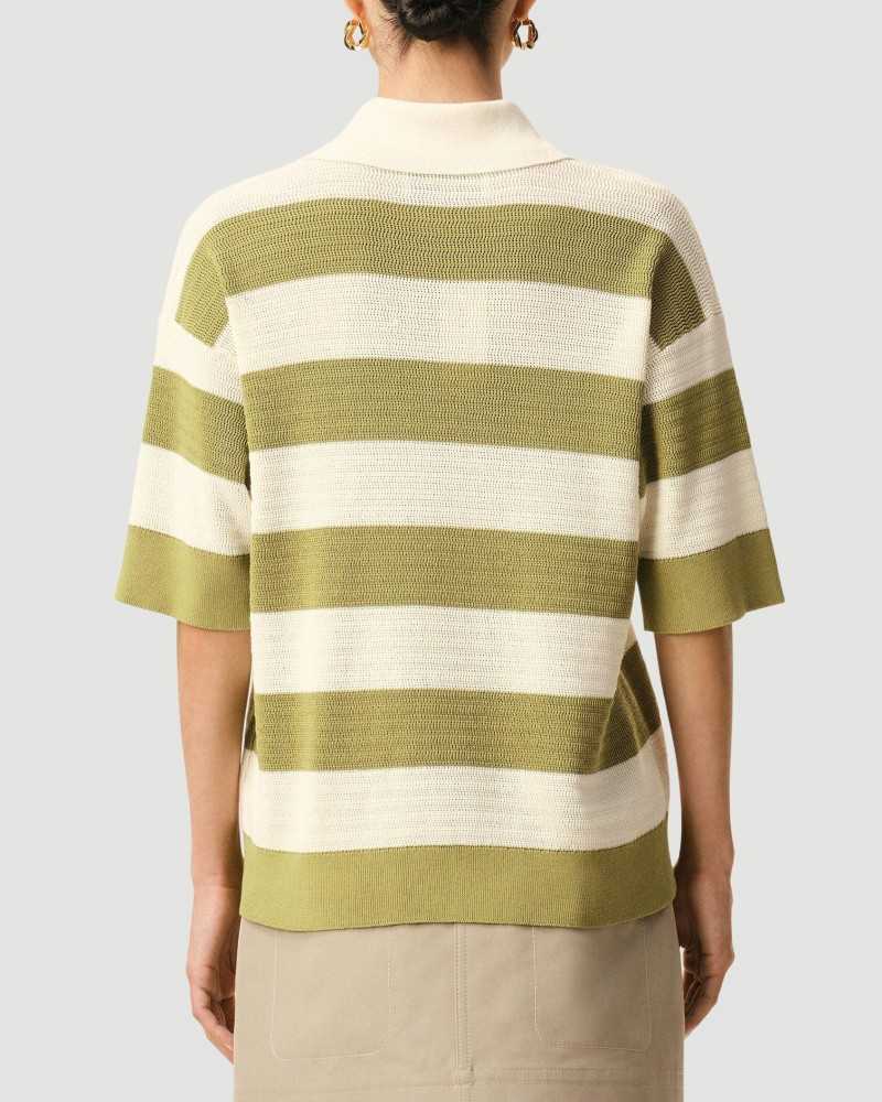 Ami De Coeur Maille Rayée Short Sleeve Polo Shirt With Patch - Ami - Blanc Crème / Matcha Ami De Coeur Maille Rayée Short Sleeve Polo Shirt With Patch - Ami - Blanc Crème / Matcha