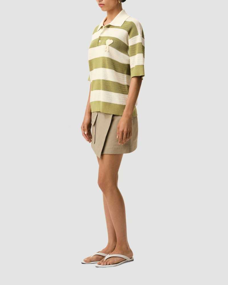 Ami De Coeur Maille Rayée Short Sleeve Polo Shirt With Patch - Ami - Blanc Crème / Matcha Ami De Coeur Maille Rayée Short Sleeve Polo Shirt With Patch - Ami - Blanc Crème / Matcha