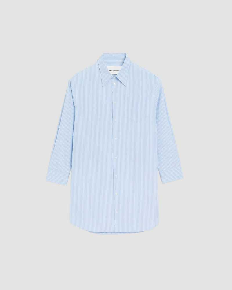 Ami De Coeur Embosse Popeline Rayee Long Sleeve Shirt Dress - Ami - Blue Cashmere / White Ami De Coeur Embosse Popeline Rayee Long Sleeve Shirt Dress - Ami - Blue Cashmere / White