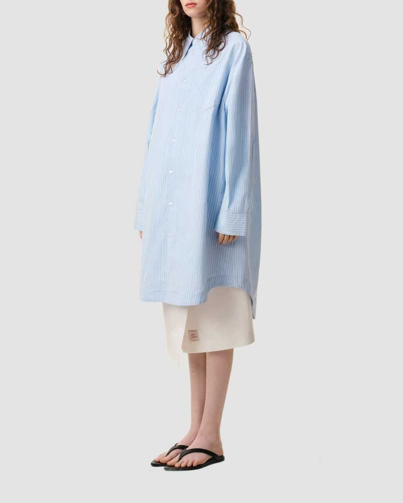 Ami De Coeur Embosse Popeline Rayee Long Sleeve Shirt Dress - Ami - Blue Cashmere / White Ami De Coeur Embosse Popeline Rayee Long Sleeve Shirt Dress - Ami - Blue Cashmere / White